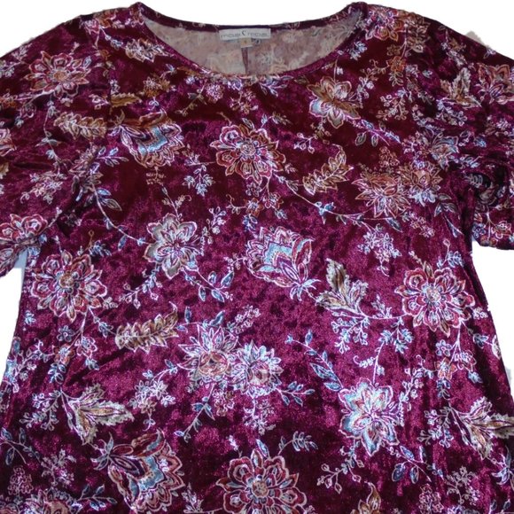 Dress Velvet Puffed Short Sleeve knee-length Floral Burgundy retro - Picture 4 of 8